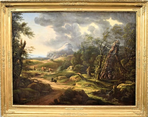 Paysage avec berger et troupeaux - Carlo Antonio Tavella (1668 - 1738) - Tableaux et dessins Style Louis XIV